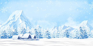 蓝色唯美手绘冬天山水冬天冬季房子落雪下雪展板背景